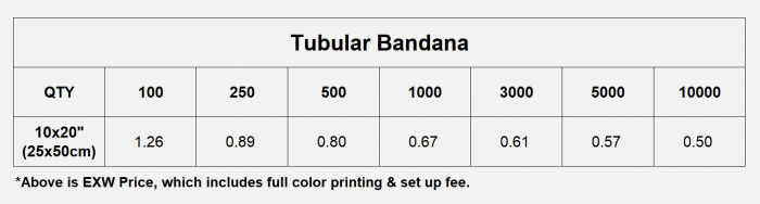 Pricelist of tubular bandana